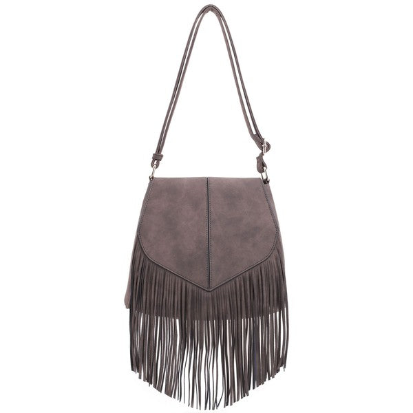 Faux Suede Fringe Flap Crossbody Handbag