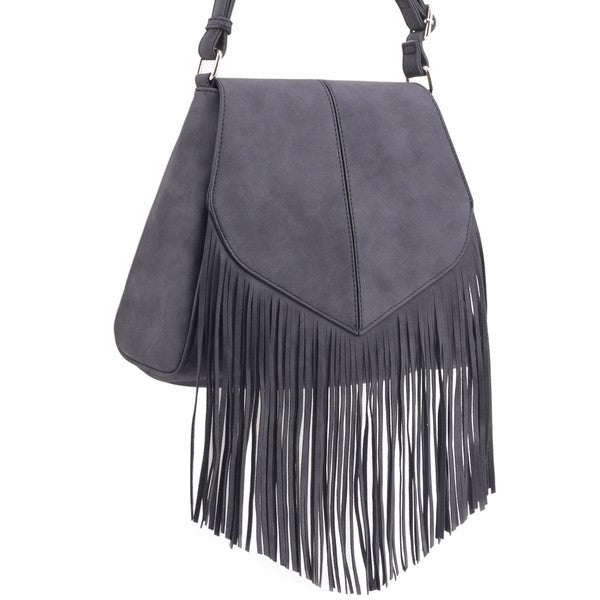 Faux Suede Fringe Flap Crossbody Handbag