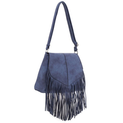 Faux Suede Fringe Flap Crossbody Handbag