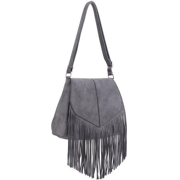 Faux Suede Fringe Flap Crossbody Handbag