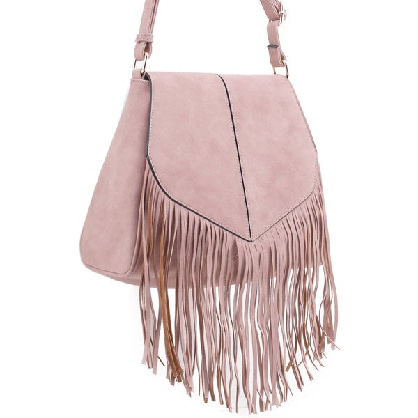 Faux Suede Fringe Flap Crossbody Handbag