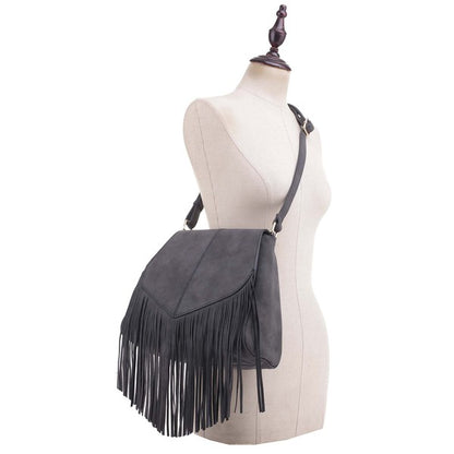 Faux Suede Fringe Flap Crossbody Handbag