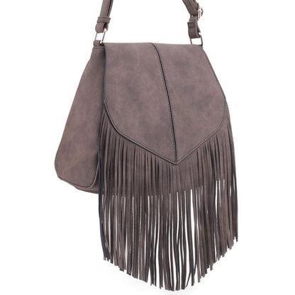 Faux Suede Fringe Flap Crossbody Handbag