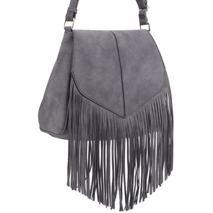 Faux Suede Fringe Flap Crossbody Handbag