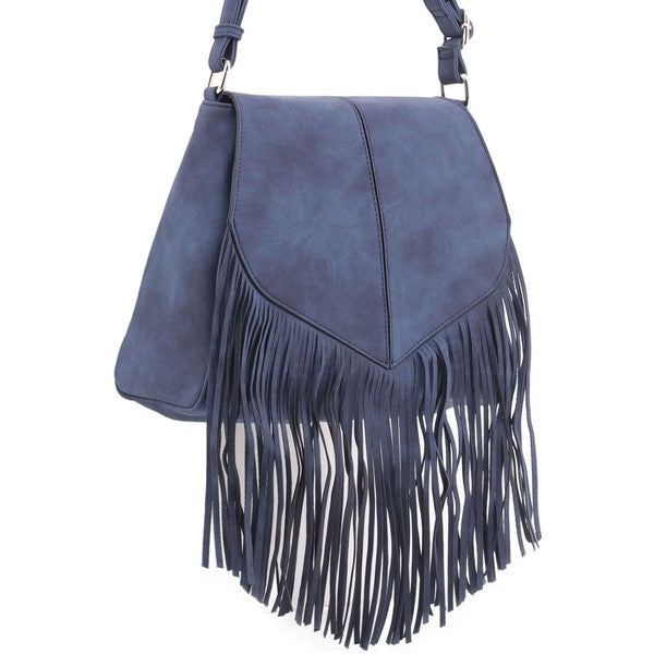 Faux Suede Fringe Flap Crossbody Handbag